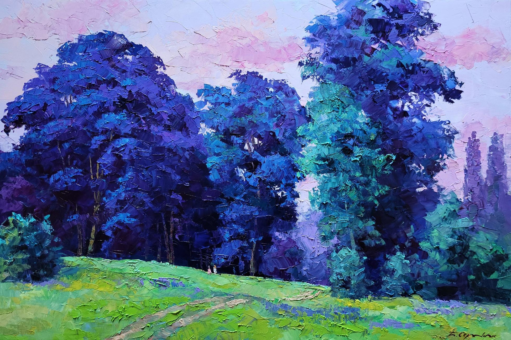 Oil painting A meadow on the edge of the forest by Boris Serdyuk with lush blue-green trees and pink sky