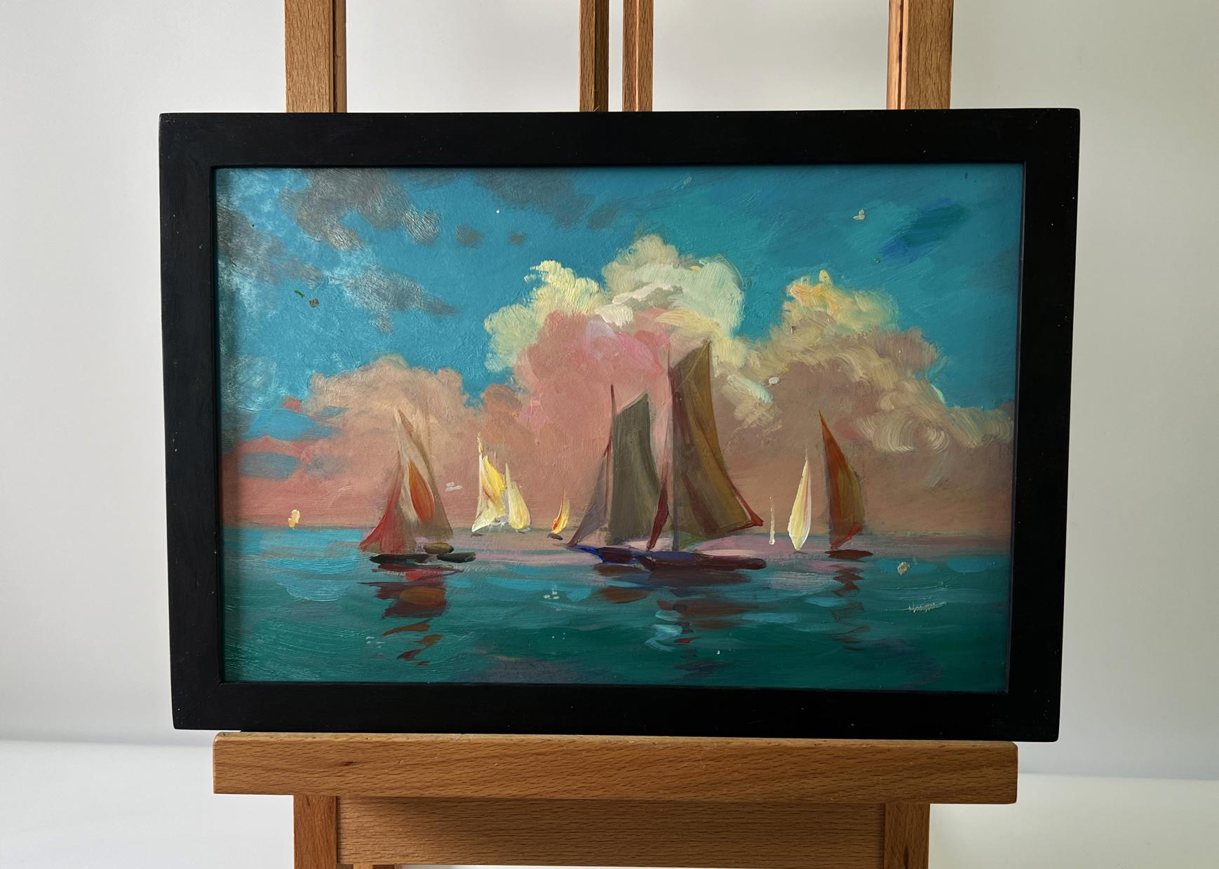 Oil painting Sunset at sea with ships by Yuriy Suprunchuk in black frame
