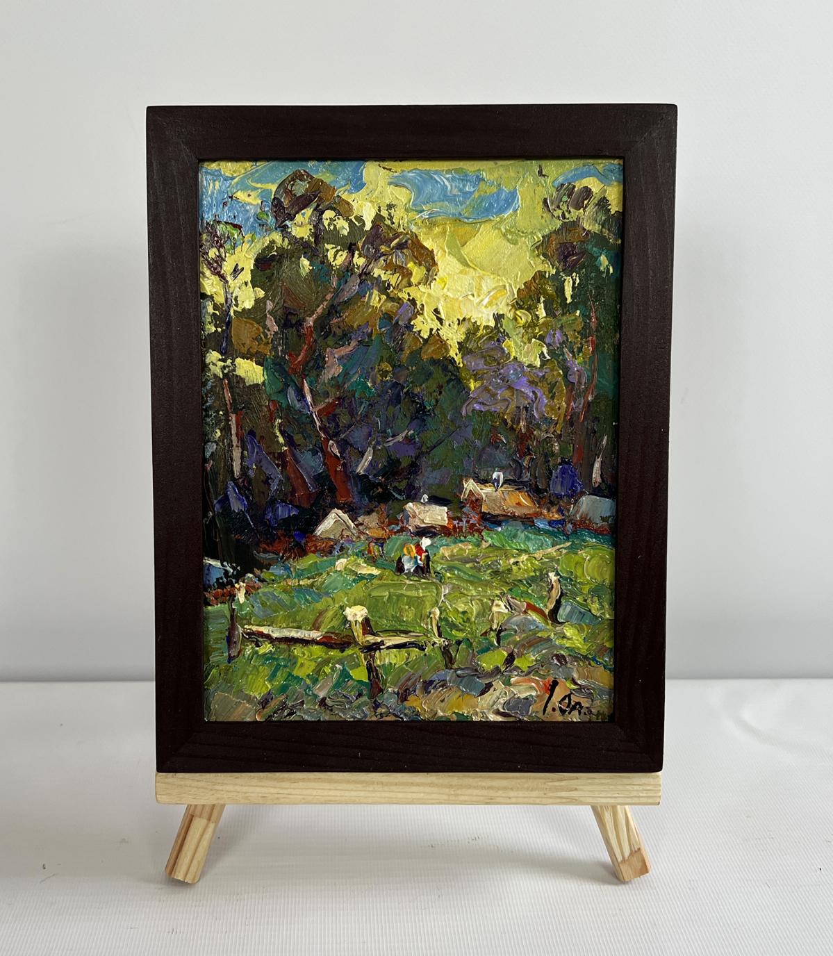 Oil painting Village near the forest by Oleksiy Ivanyuk vibrant rural scene