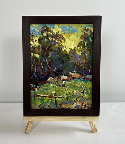 Oil painting Village near the forest by Oleksiy Ivanyuk vibrant rural scene
