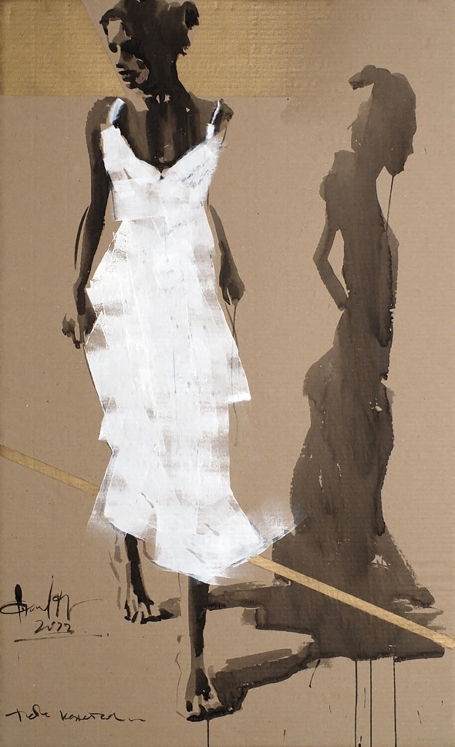 Stylized white Shadow dress by Dima Filatov, acrylic painting with layered textured panels