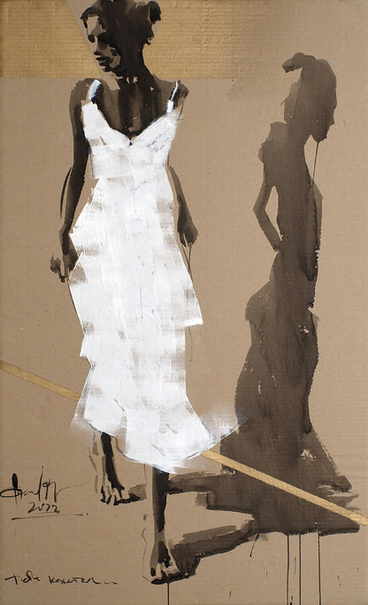 Stylized white Shadow dress by Dima Filatov, acrylic painting with layered textured panels