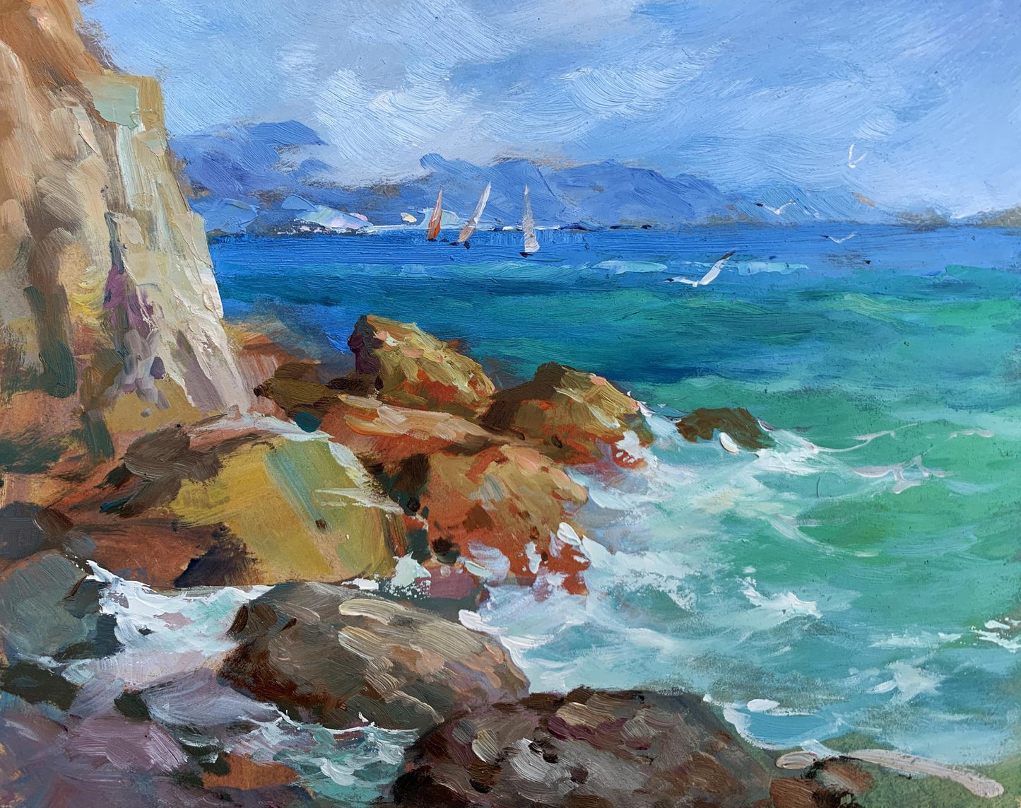 Vibrant impressionist oil painting by Yuriy Suprunchuk of turquoise waves crashing on rocks