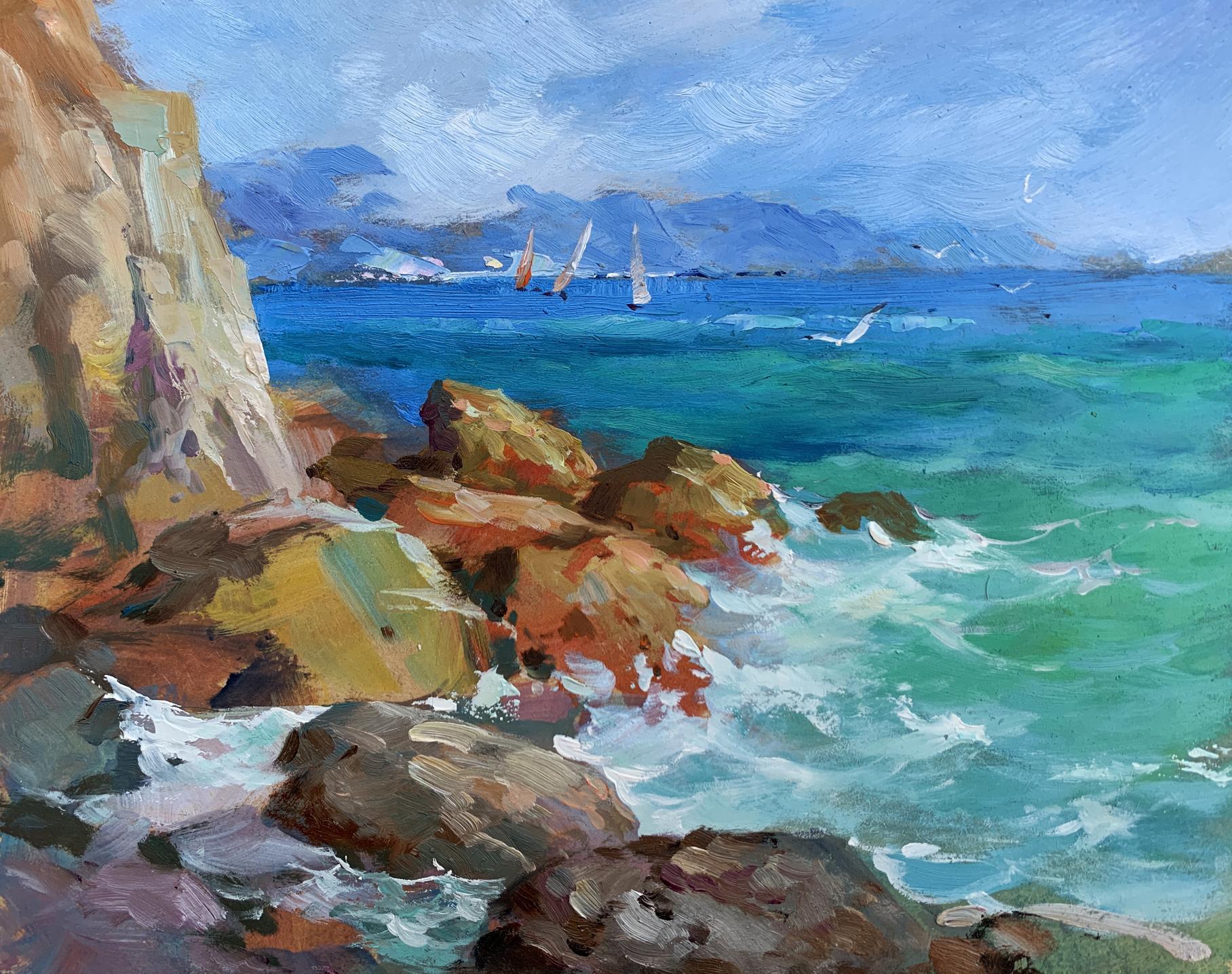 Vibrant impressionist oil painting by Yuriy Suprunchuk of turquoise waves crashing on rocks