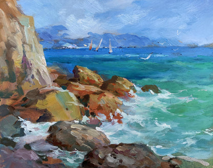 Vibrant impressionist oil painting by Yuriy Suprunchuk of turquoise waves crashing on rocks