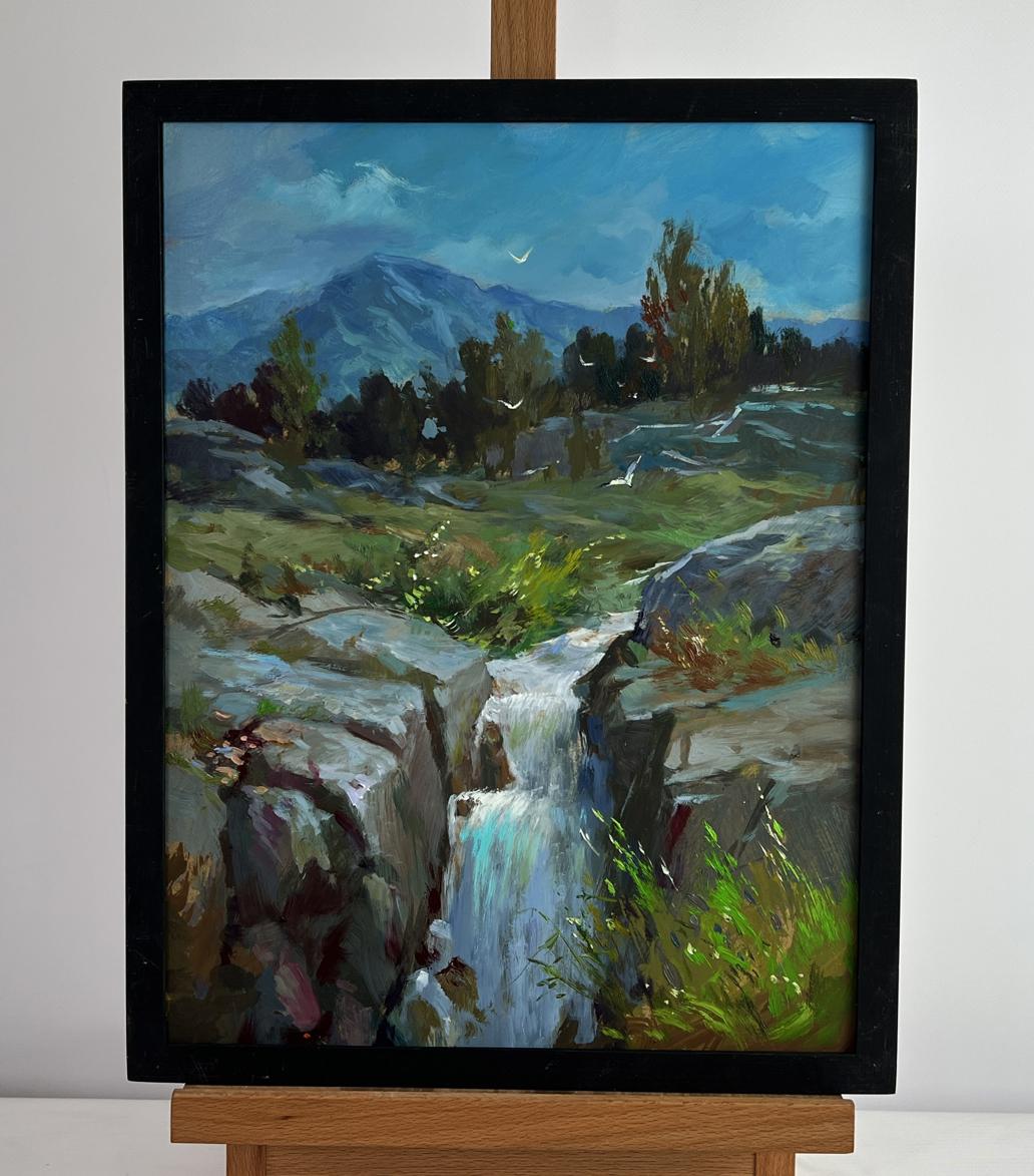 Framed Oil painting Mountain waterfall by Yuriy Suprunchuk