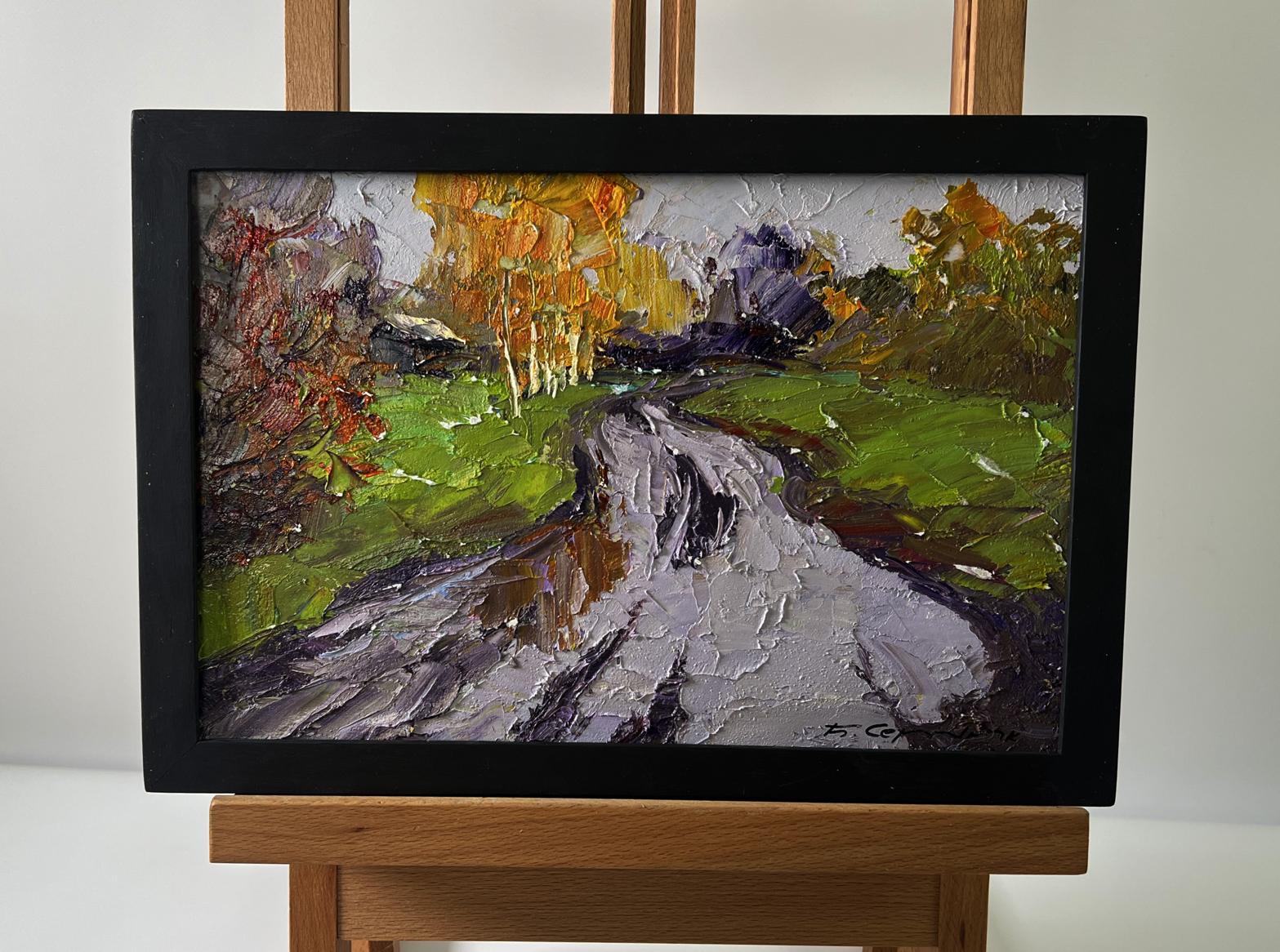 Black-framed oil painting Rainy day road by Boris Serdyuk, textured autumn landscape