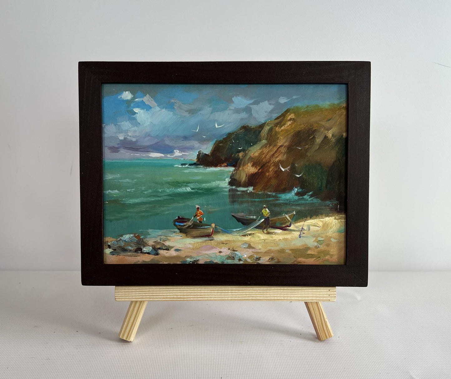 Oil painting Great day to go fishing by Yuriy Suprunchuk in dark frame on easel