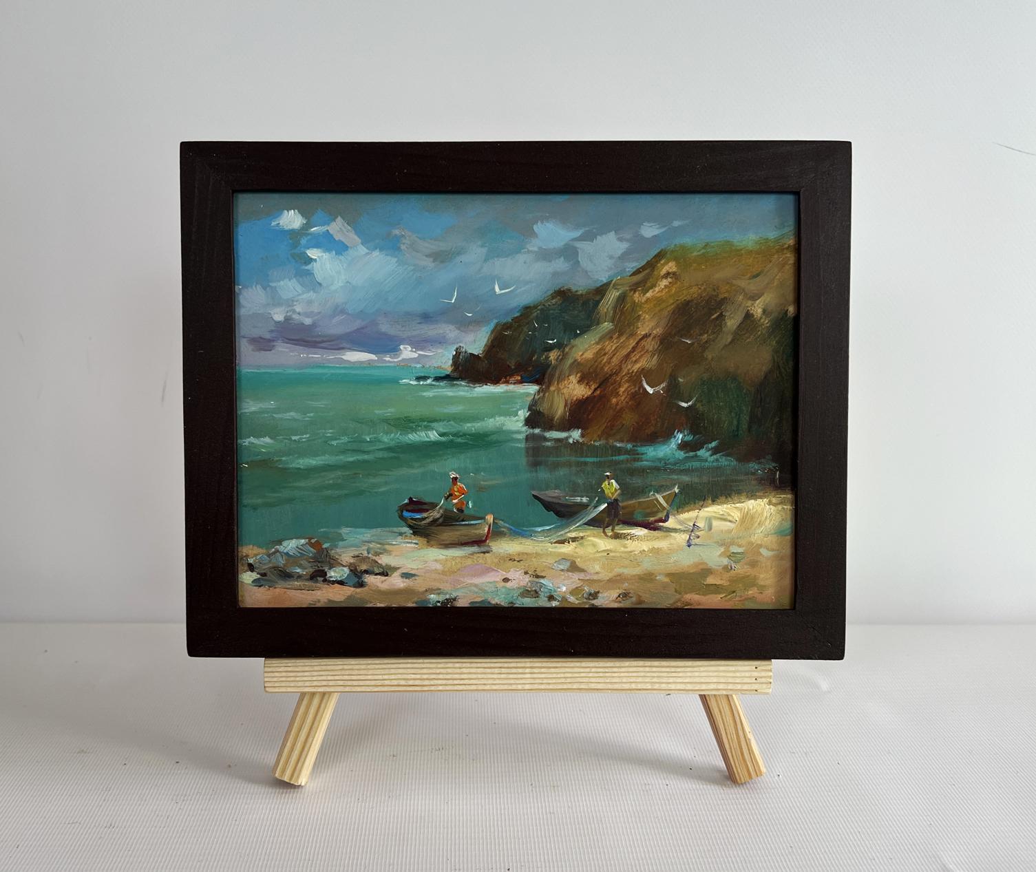 Oil painting Great day to go fishing by Yuriy Suprunchuk in dark frame on easel