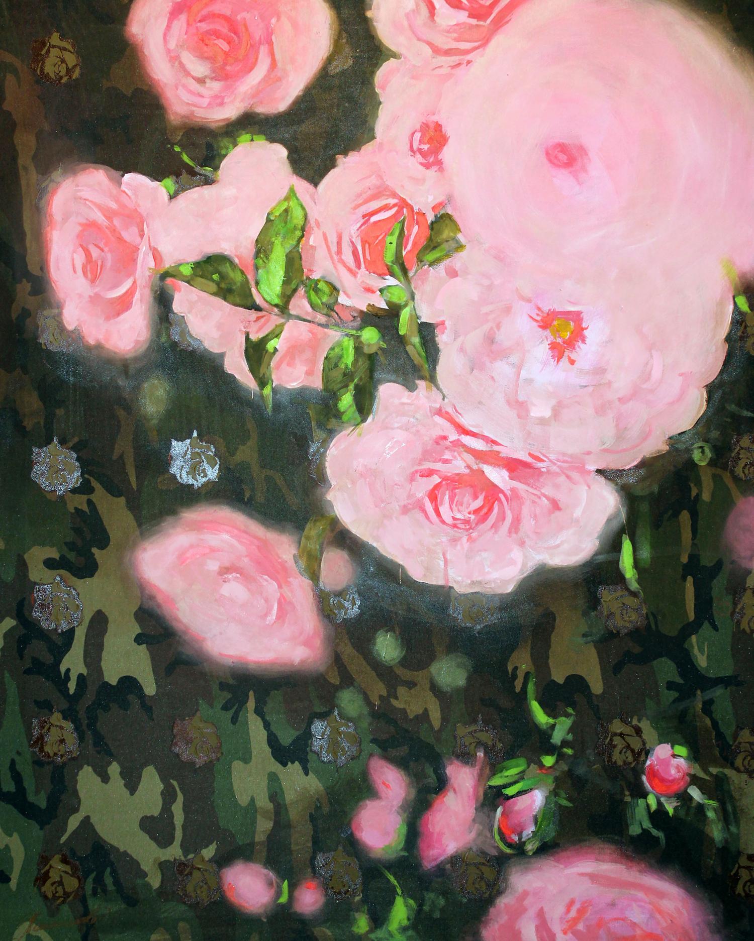 Oil painting Briar Ed Potapenkov: lush pink roses with green leaves on dark background