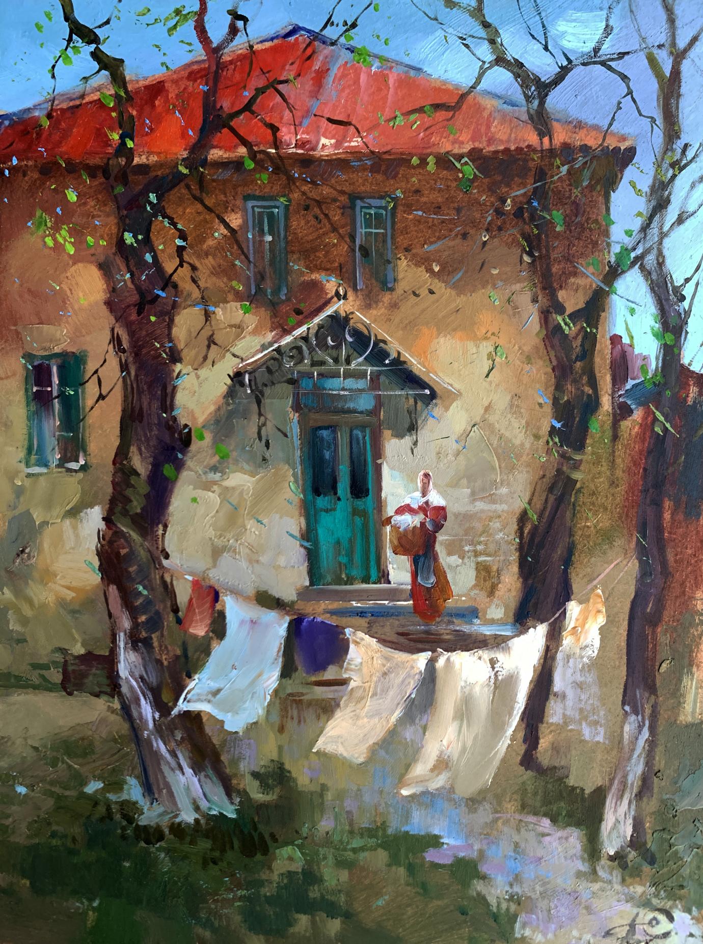Oil painting of rustic two-story house with red roof by Yuriy Suprunchuk
