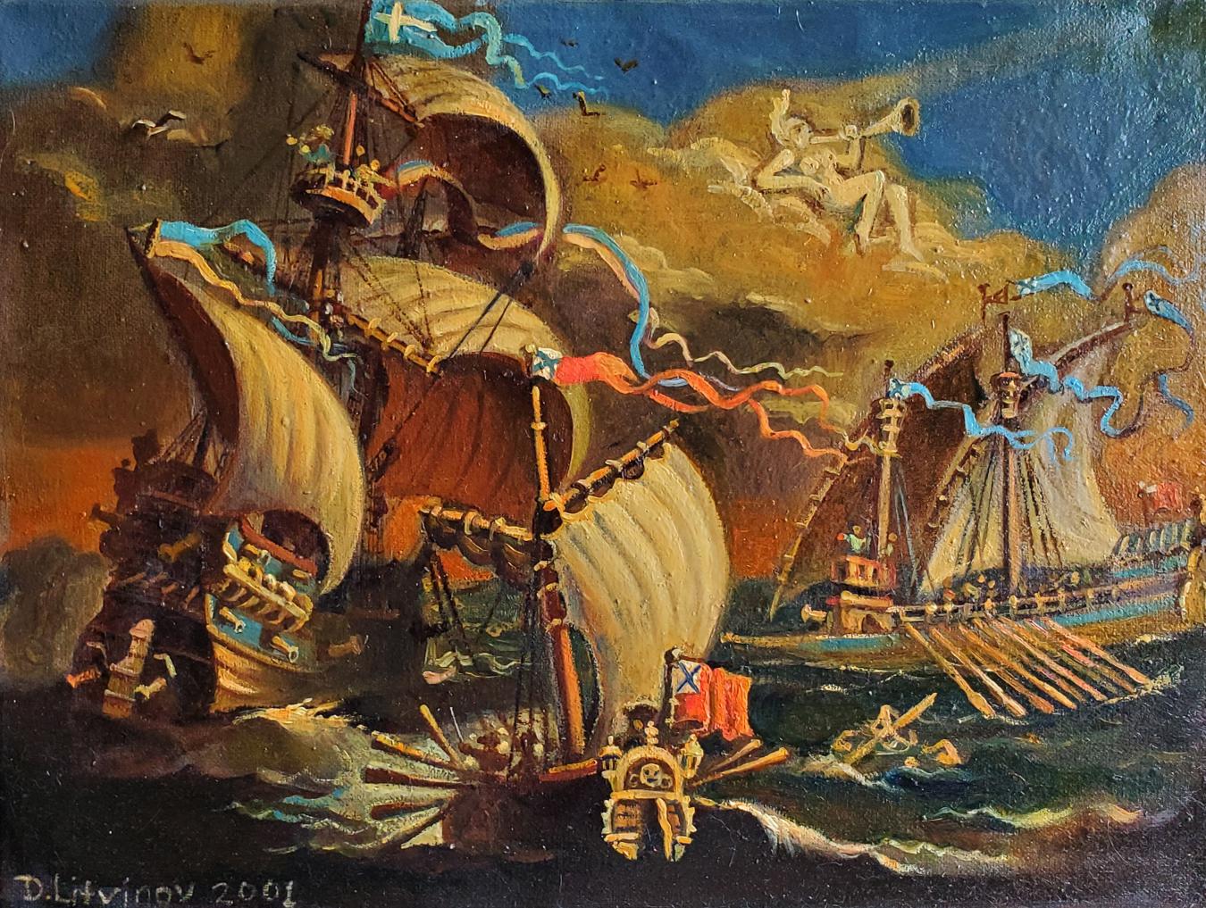 Oil painting Capture the ship by Daniil Litvinov, dramatic naval battle
