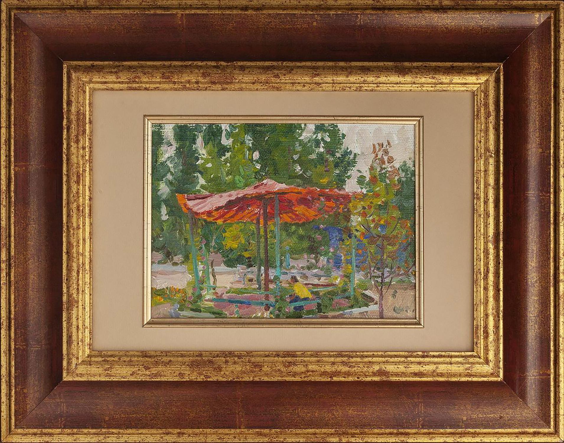 Oil painting Gazebo by Yury Konovalov vibrant orange-roofed scene