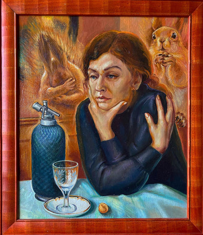 Oil painting After Absinthe by Natalia Bulat with woman, squirrels, siphon