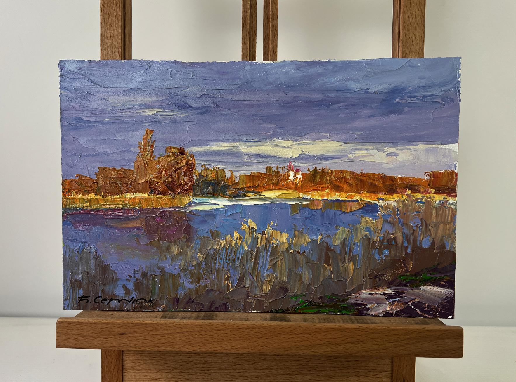 Oil painting Silent Cover by Boris Serdyuk: purple-orange landscape reflection