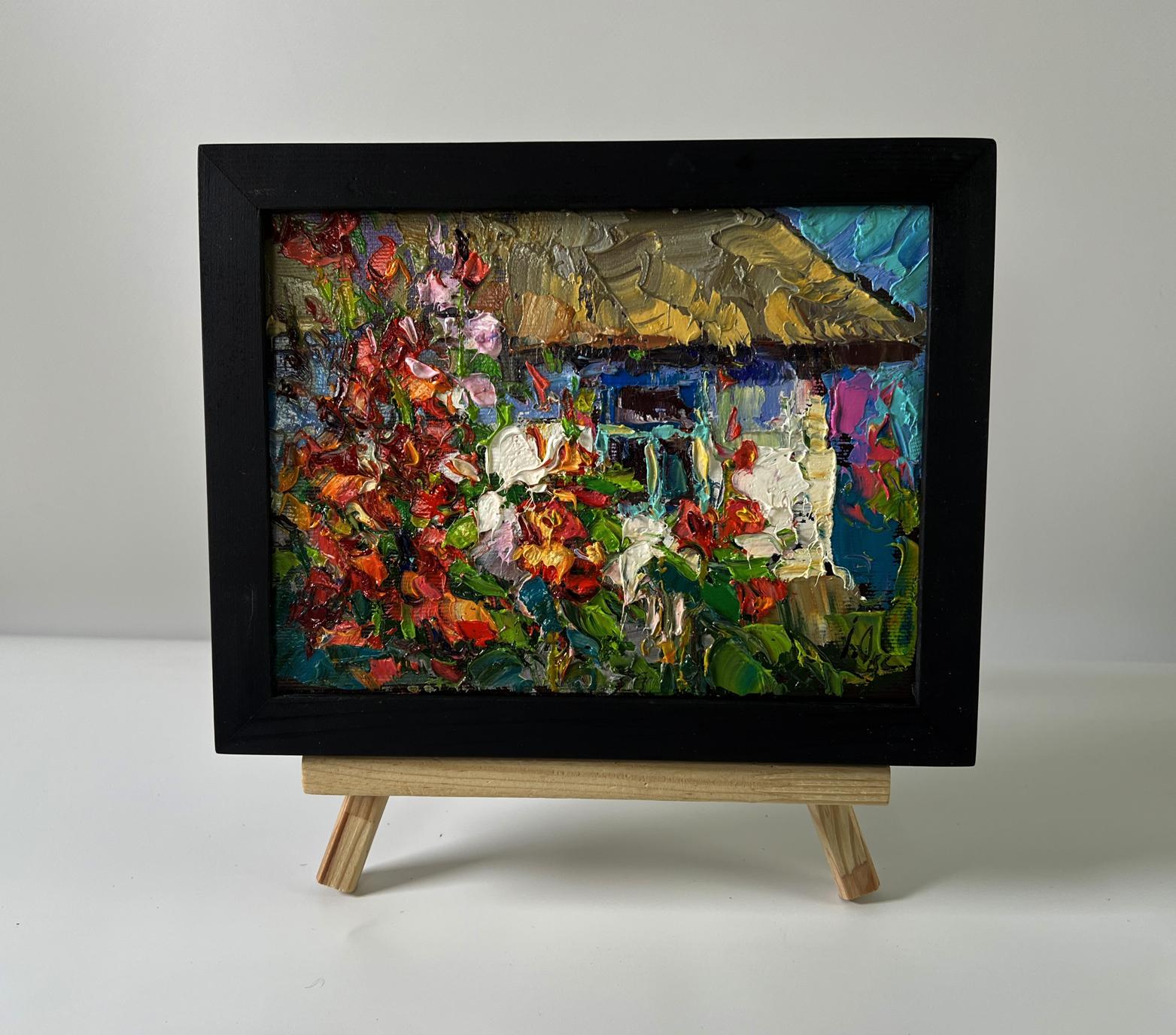 Oil painting Flowers near the house by Oksana Ivanyuk in black frame