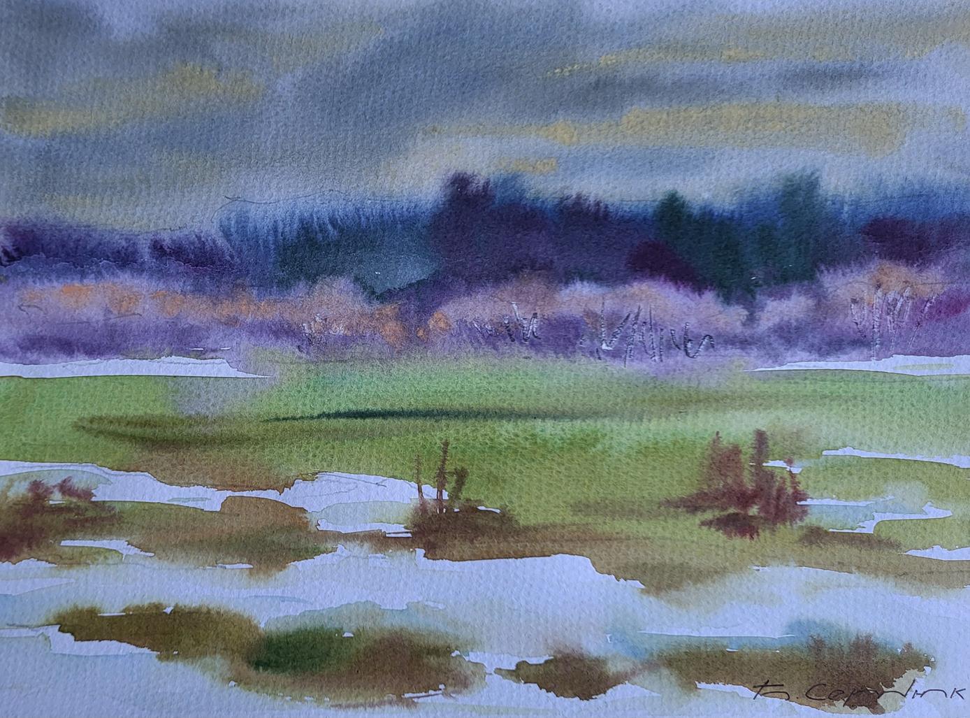 Watercolor painting First snow silence by Boris Serdyuk, green field with snow