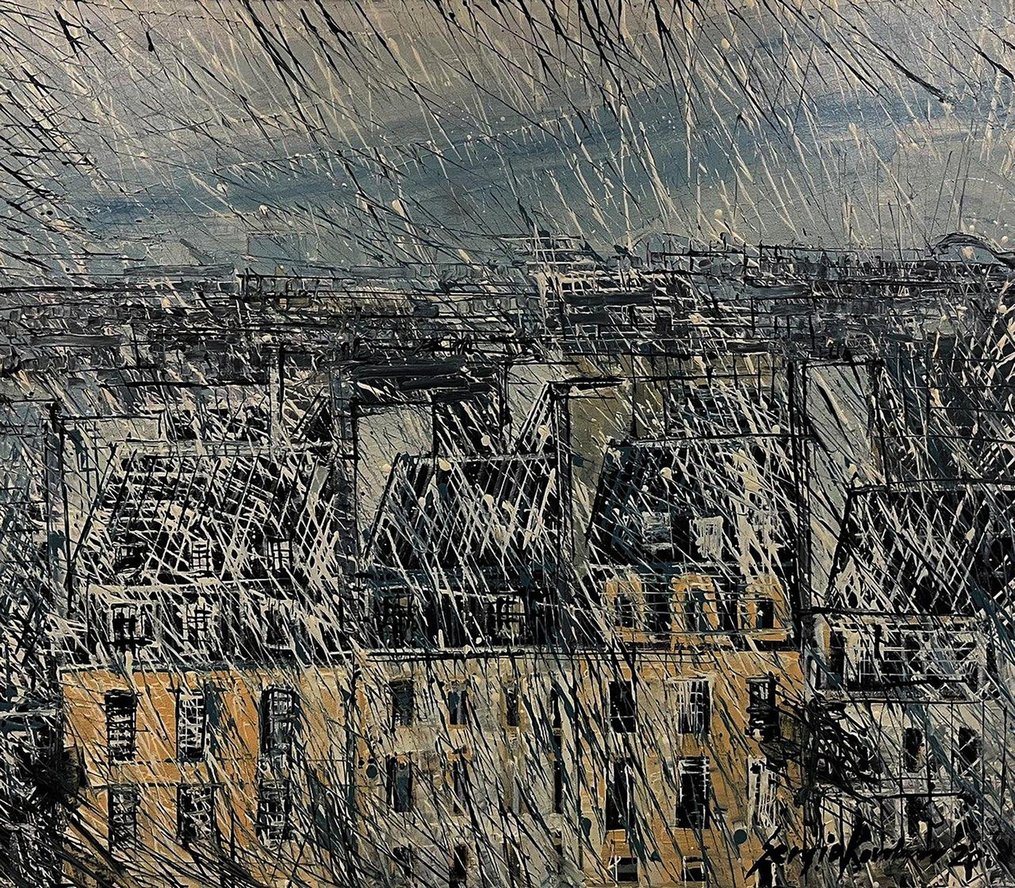 Abstract expressionist oil painting of Serhiy Kovalev spider web cityscape