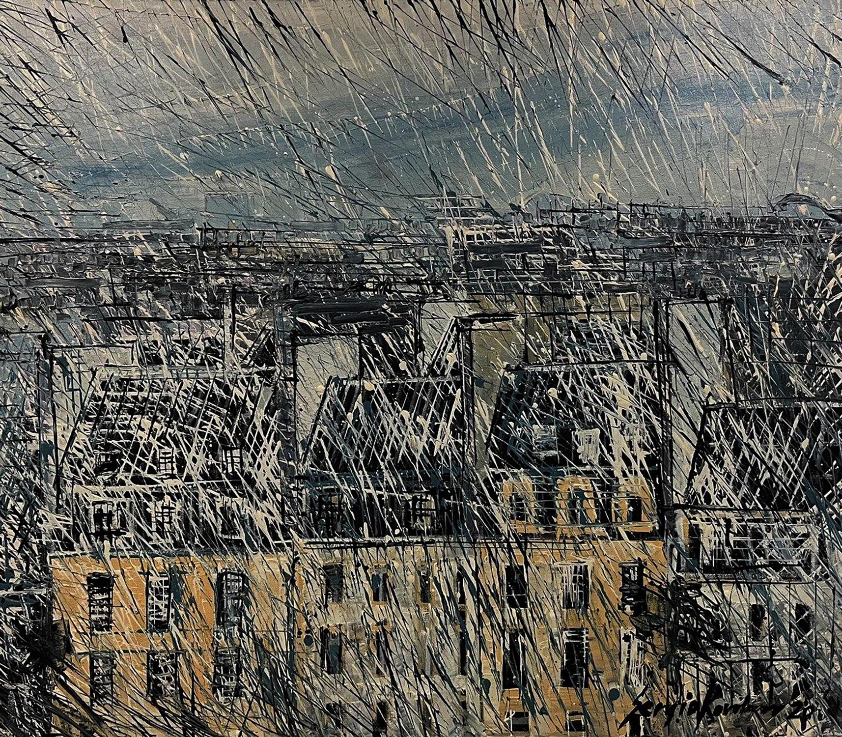 Abstract expressionist oil painting of Serhiy Kovalev spider web cityscape