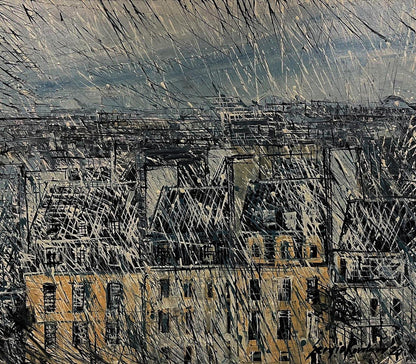 Abstract expressionist oil painting of Serhiy Kovalev spider web cityscape