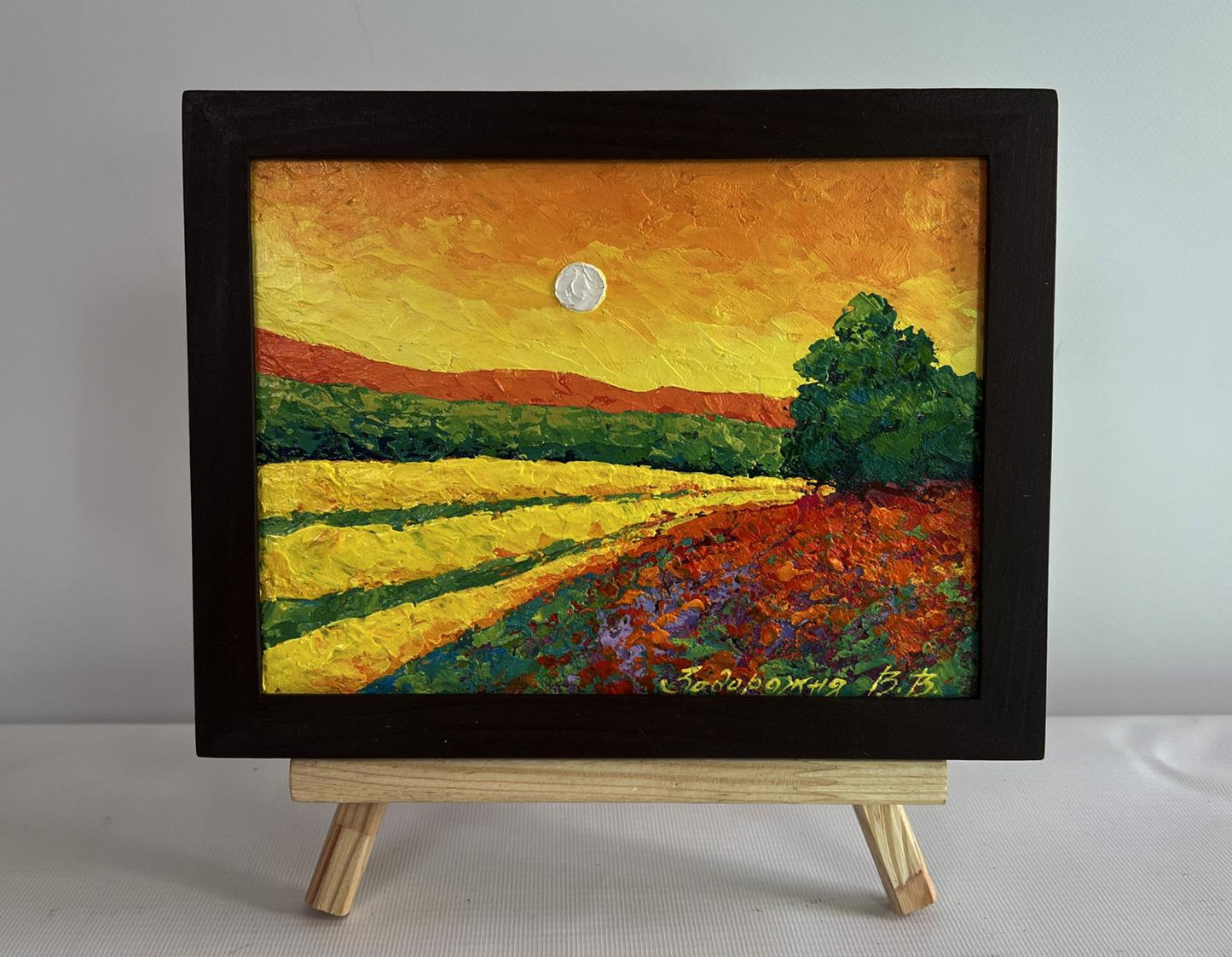 Oil painting Summer silence with sunset by V. Zadorozhnya, vibrant fields and moon