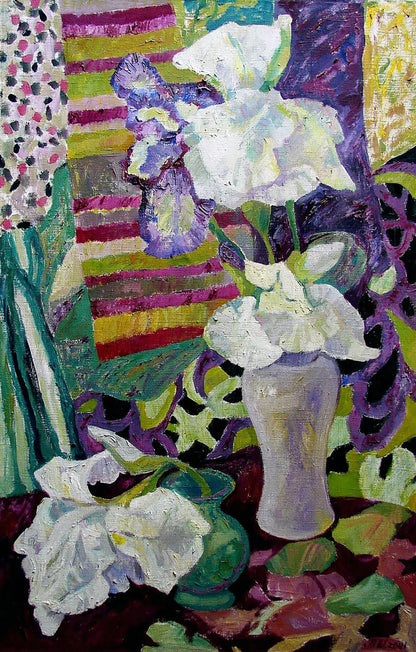 Oil painting Irises by Tatyana Shulyak with gray vase of white purple irises
