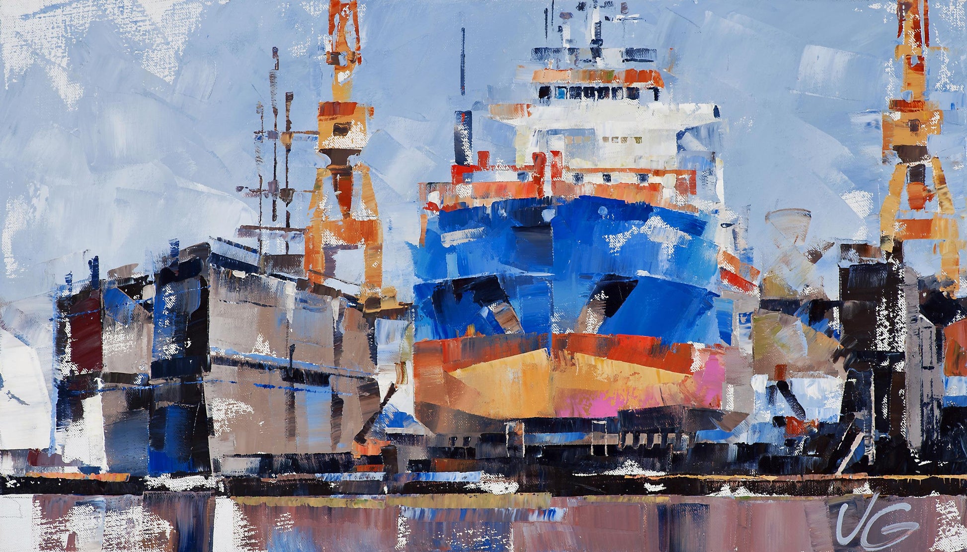 Oil painting of vibrant blue orange cargo ship Eileen C by Volodymyr Gluhomanyuk