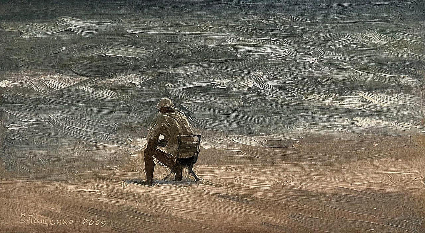 Oil painting Alone on the beach by Volodymyr Pashchenko, solitary figure by gray ocean