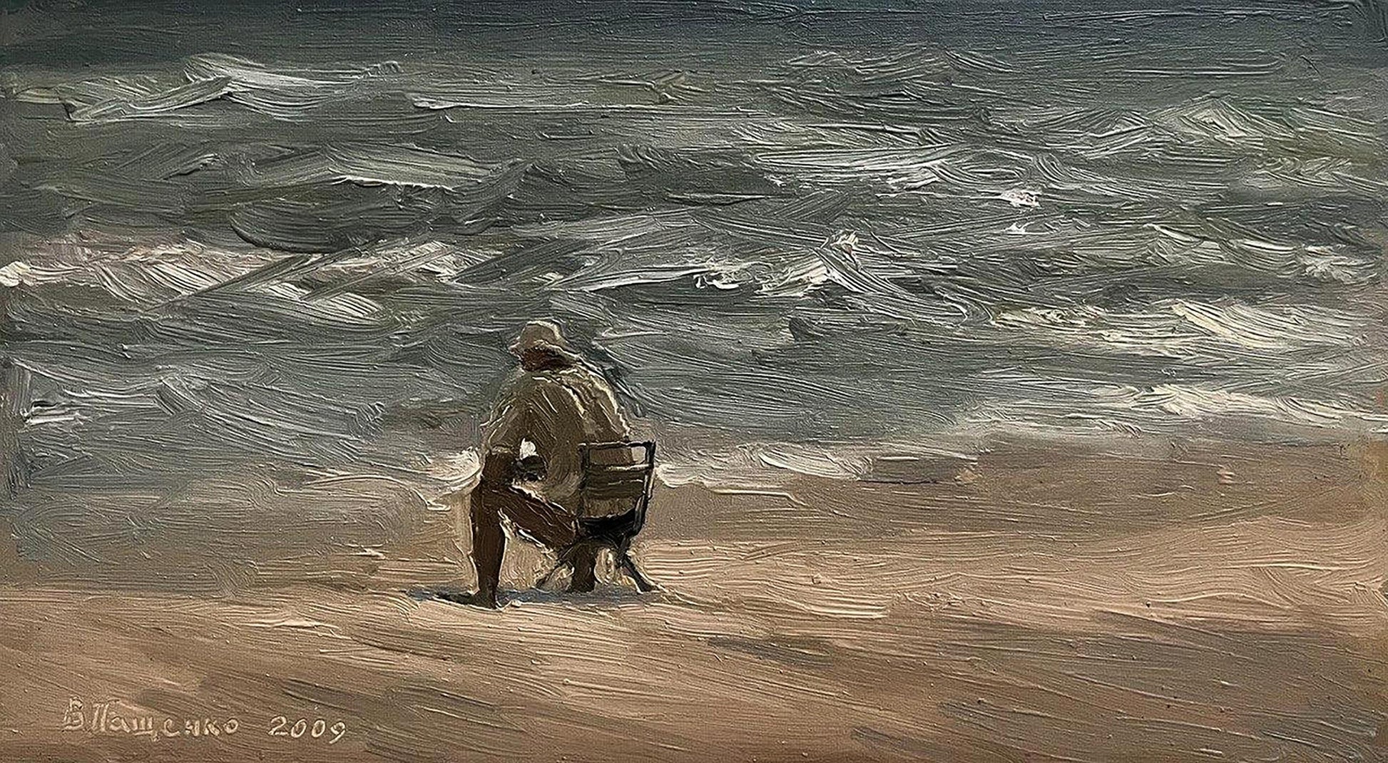 Oil painting Alone on the beach by Volodymyr Pashchenko, solitary figure by gray ocean
