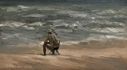 Oil painting Alone on the beach by Volodymyr Pashchenko, solitary figure by gray ocean