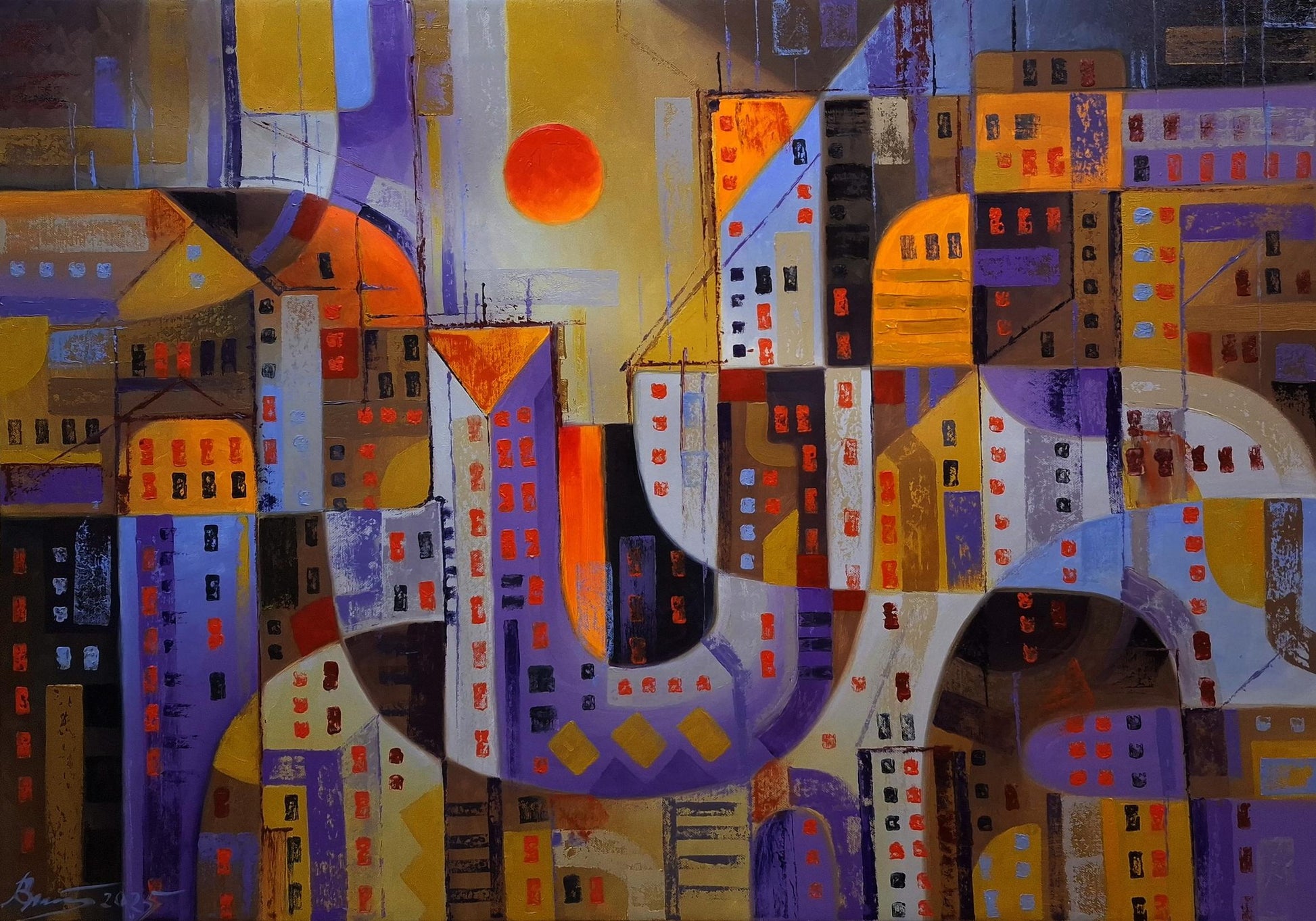 Oil painting Urban sunset by Sergiy Voichenko: abstract cityscape