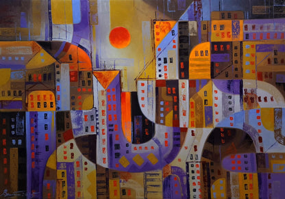 Oil painting Urban sunset by Sergiy Voichenko: abstract cityscape