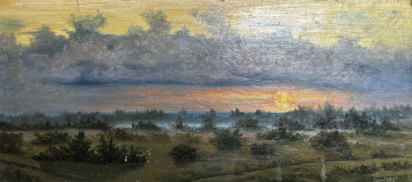 Oil painting Sunset by Nikolay Sorokin: golden sun over silhouetted trees