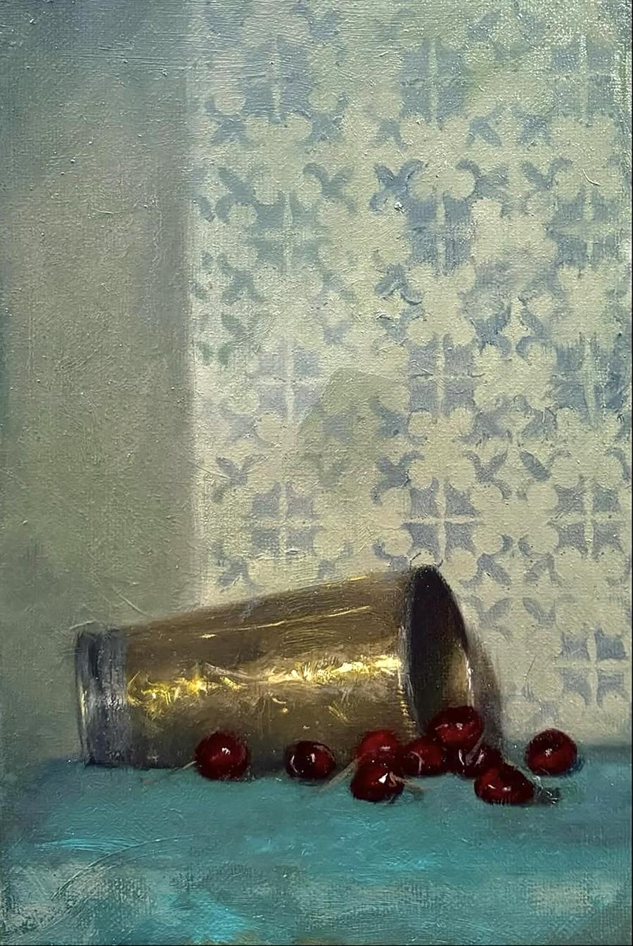 Oil painting of tipped copper cup spilling red cherries on teal fabric by Annam Butt