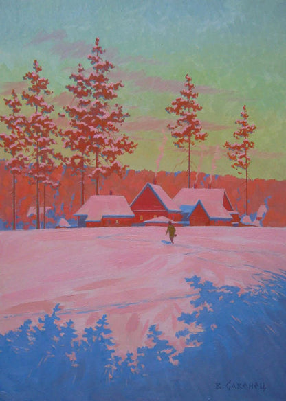 Oil painting Frosty evening in the village by Valery Savenets, snowy red houses