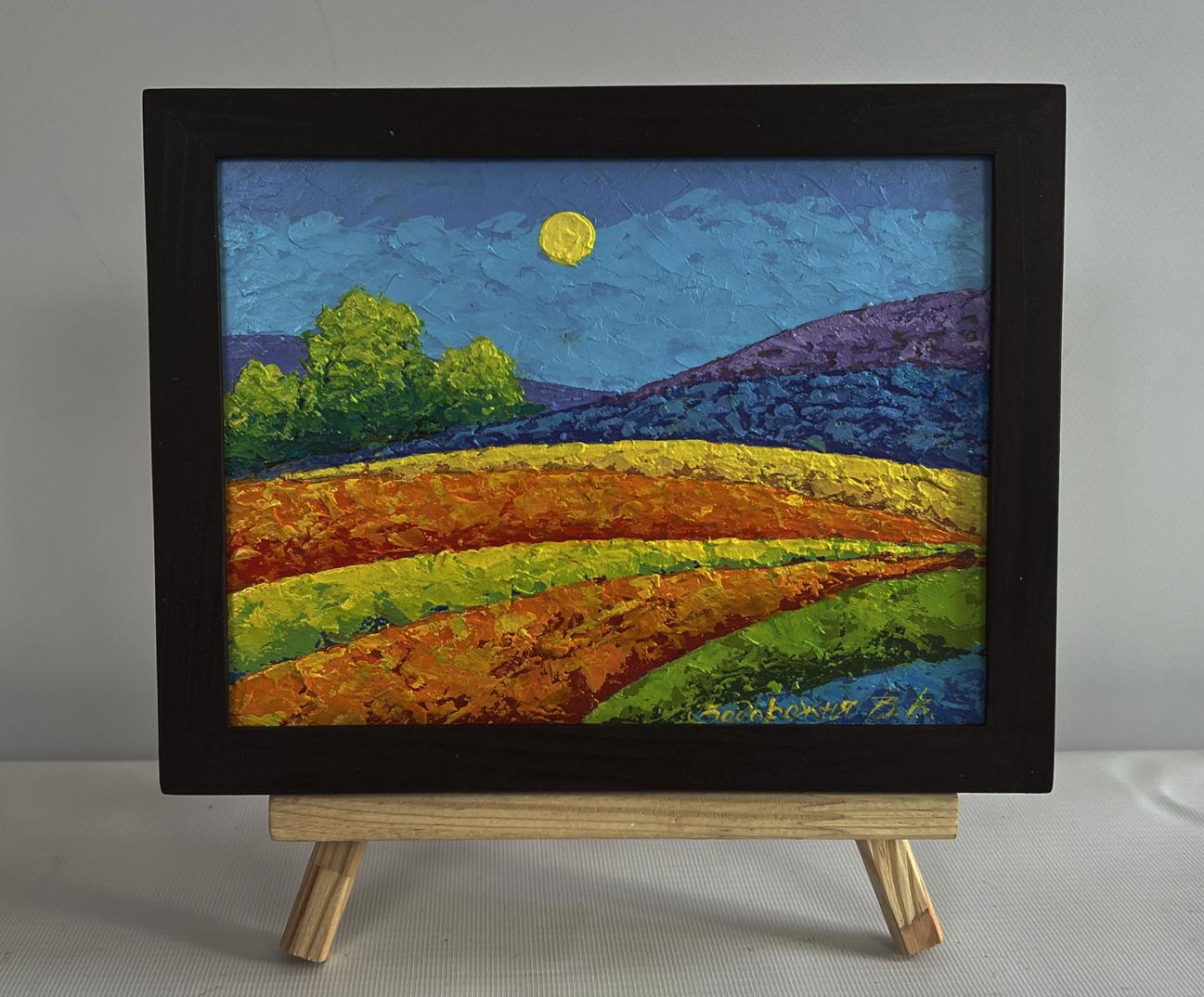 Oil painting In the field observing beauty by V. Zadorozhnya in black frame