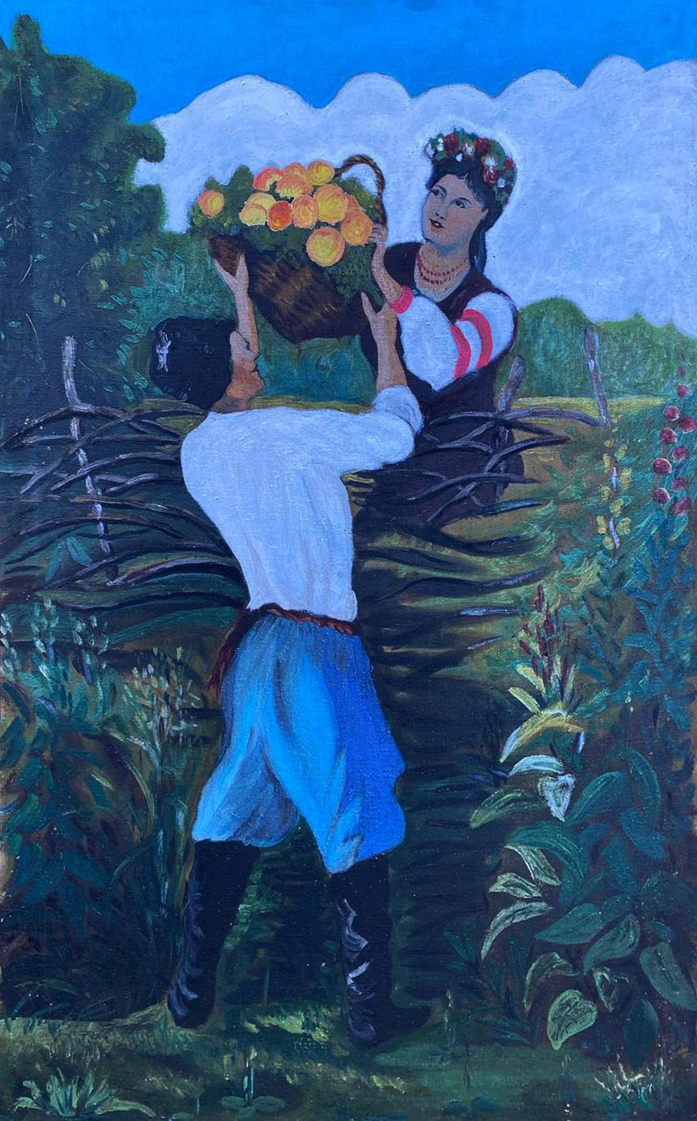Oil painting of Cossack girl in traditional attire holding basket of orange fruits