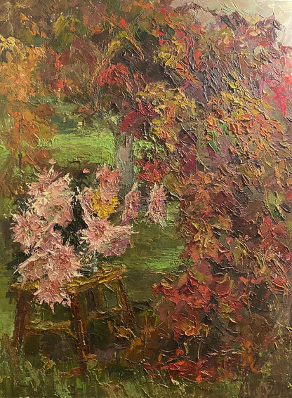 Oil painting Autumn in the garden by Nikolai Kononenko with pink yellow flowers