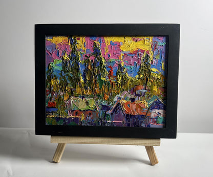 Oil painting Yellow rays of sunset by Oleksiy Ivanyuk vibrant village scene