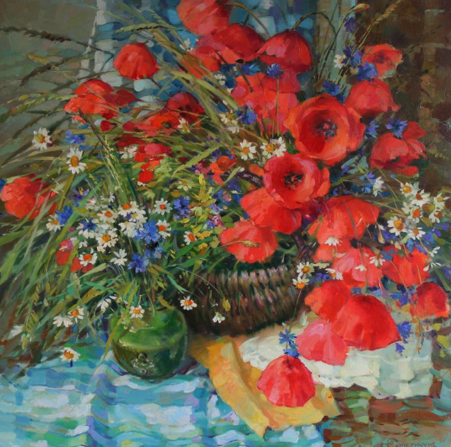 Oil painting of vibrant poppies, cornflowers and daisies in basket by Yuriy Suprunchuk