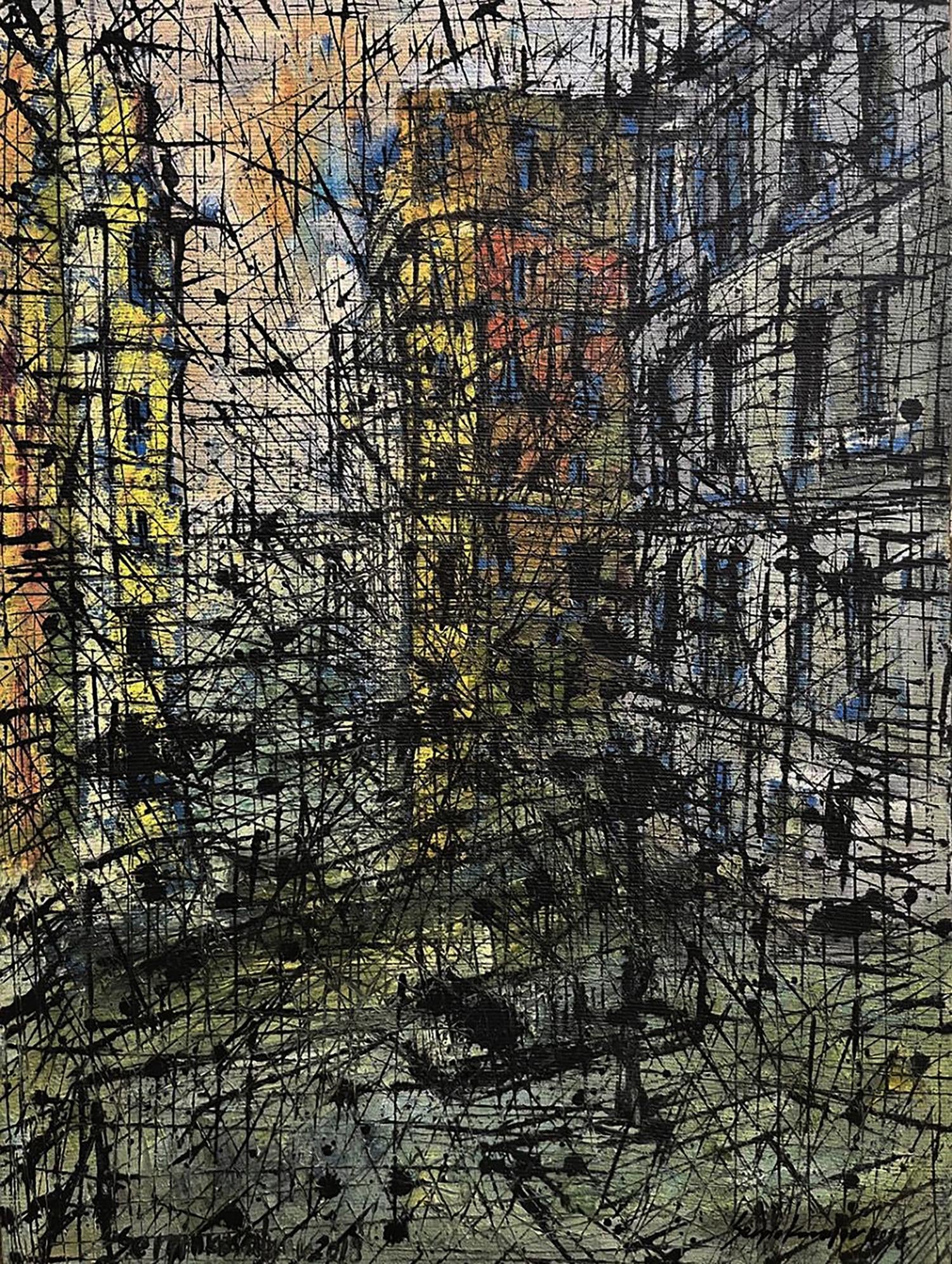 Oil painting graphic of the cities by Serhiy Kovalev with bold black strokes on urban buildings