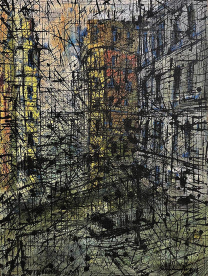 Oil painting graphic of the cities by Serhiy Kovalev with bold black strokes on urban buildings