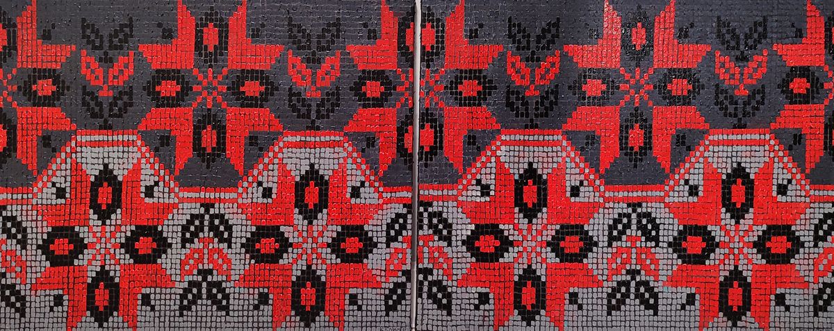 Red black gray geometric textile resembling Oksana Sklym colorful ornament oil painting