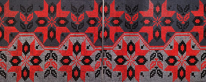 Red black gray geometric textile resembling Oksana Sklym colorful ornament oil painting