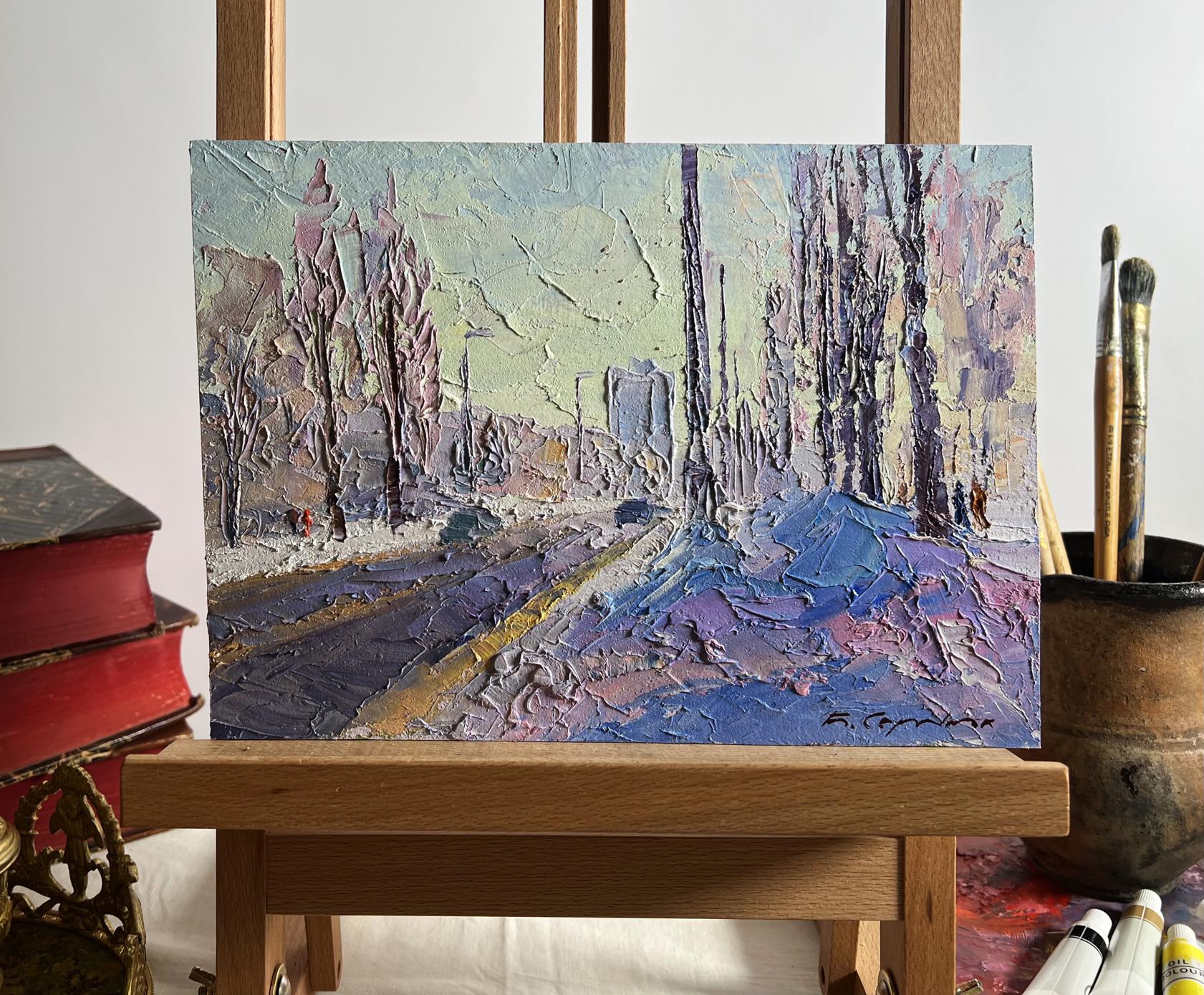 Oil painting After the night snowstorm Boris Serdyuk on wooden easel