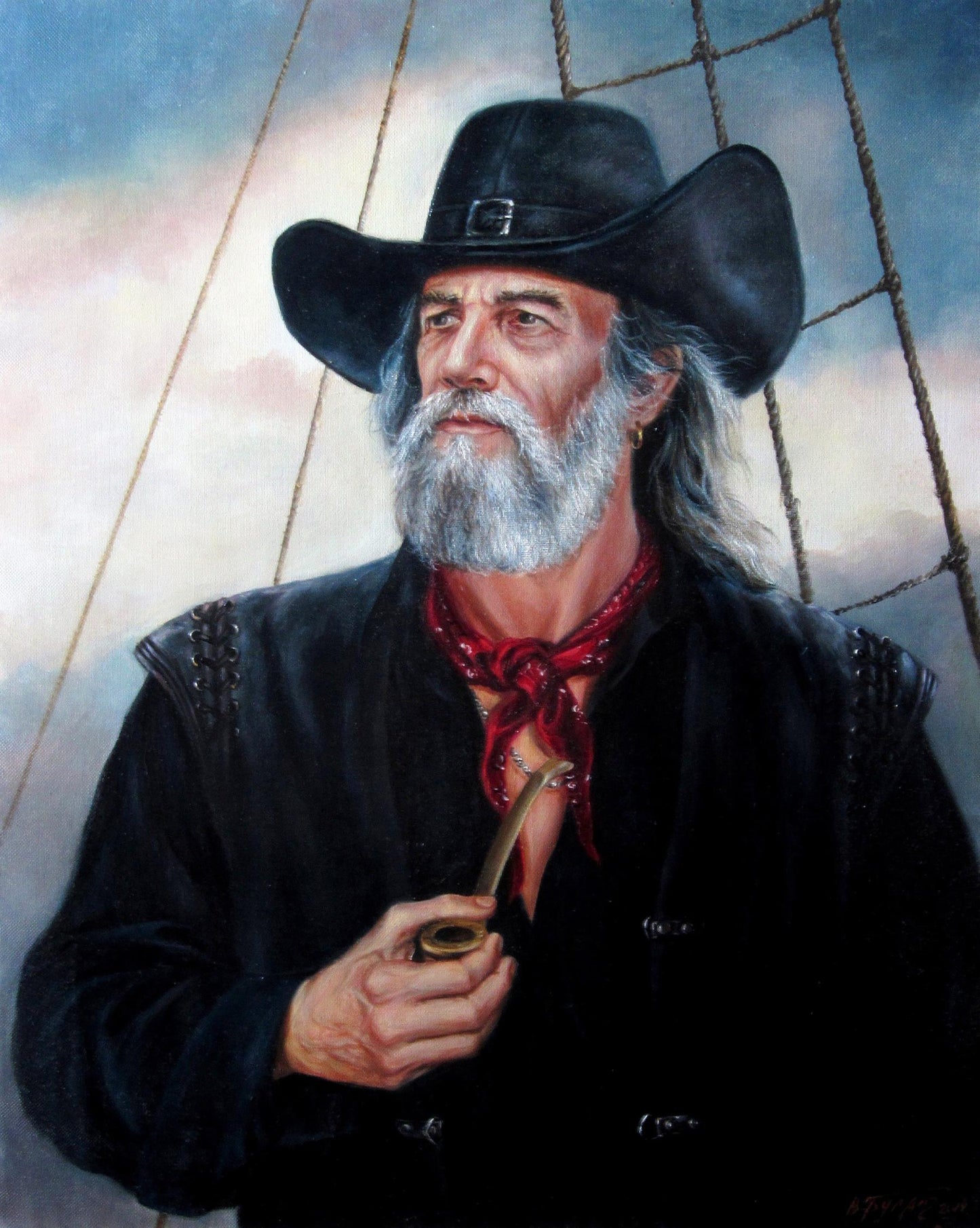 Oil painting of Sea Wolf by Valeriy Bulat, rugged man with pipe