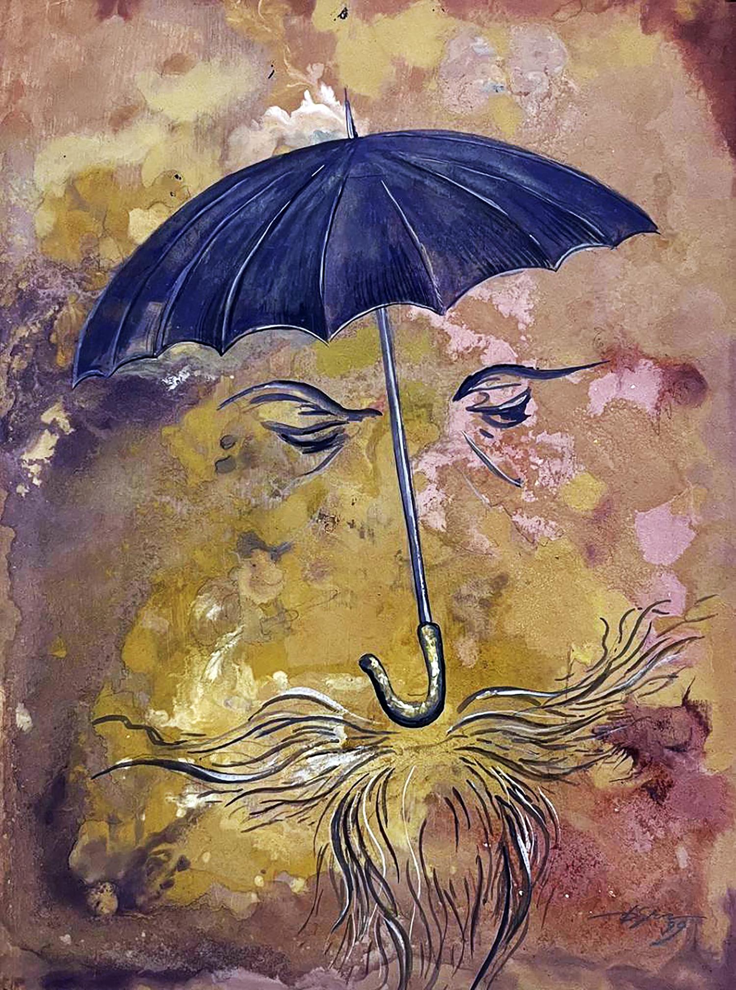 Watercolor painting The vacation is over by Dmytro Startsev, blue umbrella on bearded face