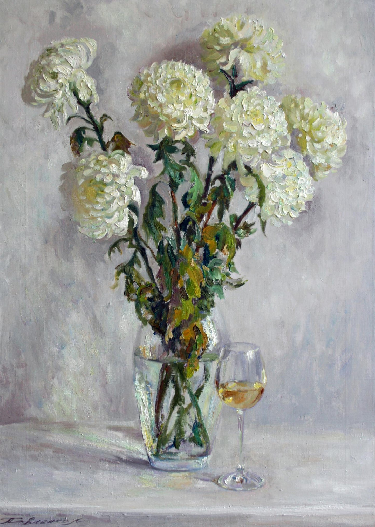 Oil painting Melancholy by Leonid Pavlenko with white chrysanthemums bouquet