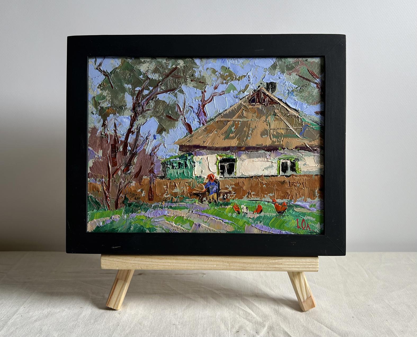 Framed impressionistic oil painting of rustic cottage with grandma on bench by Oleksiy Ivanyuk