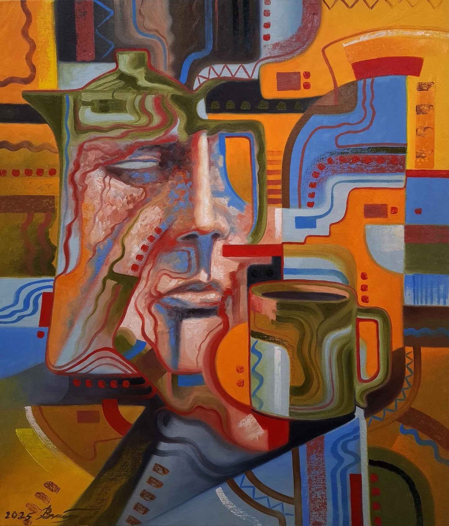 Oil painting Green mug in the morning by Sergiy Voichenko, abstract face